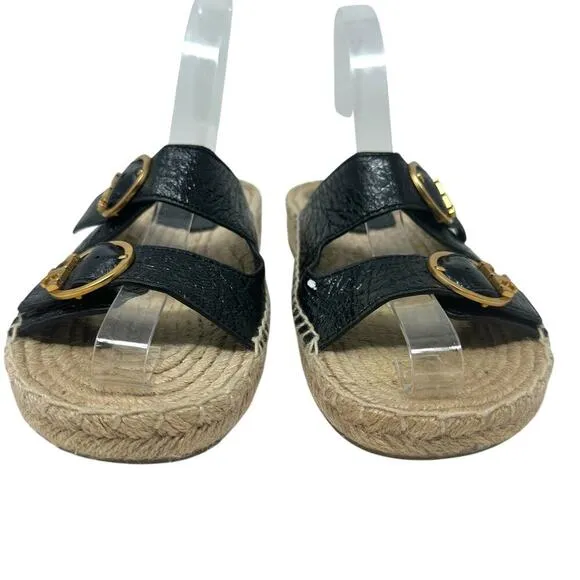 Tory Buch Selby Patent Leather Espadrille Slide Sandals Black Size US 6.5