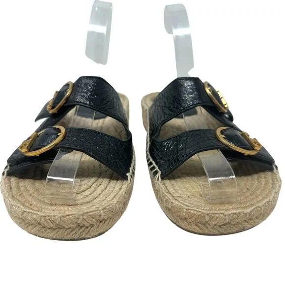 Tory Buch Selby Patent Leather Espadrille Slide Sandals Black Size US 6.5