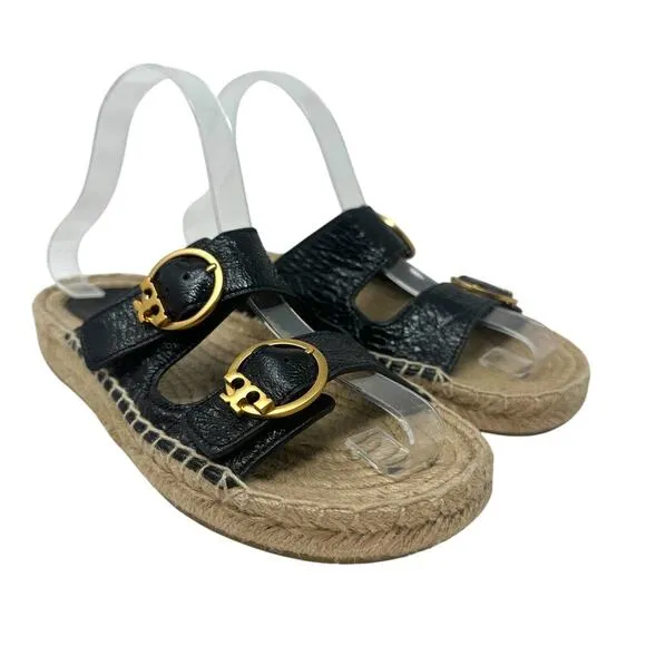 Tory Buch Selby Patent Leather Espadrille Slide Sandals Black Size US 6.5