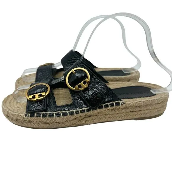 Tory Buch Selby Patent Leather Espadrille Slide Sandals Black Size US 6.5