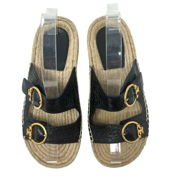 Tory Buch Selby Patent Leather Espadrille Slide Sandals Black Size US 6.5