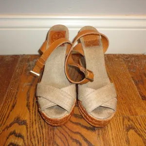 TORY BURCH Adonis Espadrille Wedge Sandals w/Leather Strap Women's Size 6B