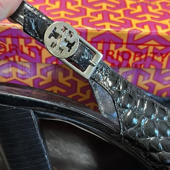 TORY BURCH Allison Croc-Patent Leather  Black Slingback Heels