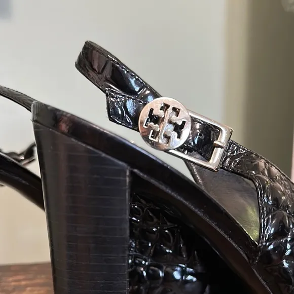 TORY BURCH Allison Croc-Patent Leather  Black Slingback Heels