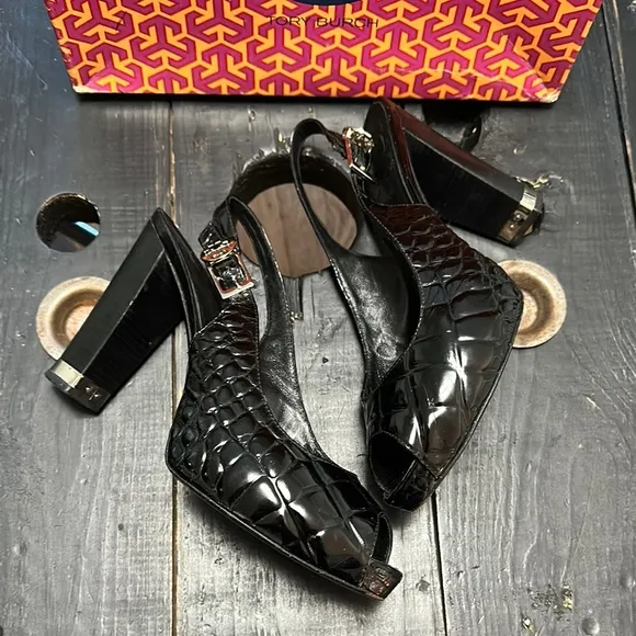 TORY BURCH Allison Croc-Patent Leather  Black Slingback Heels