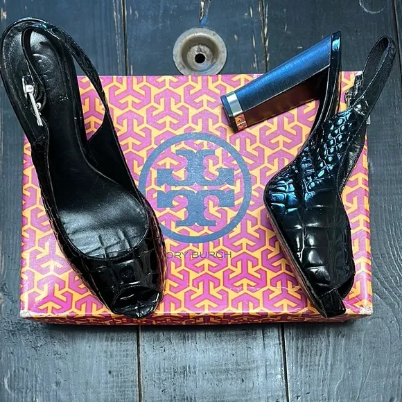 TORY BURCH Allison Croc-Patent Leather  Black Slingback Heels