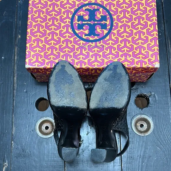 TORY BURCH Allison Croc-Patent Leather  Black Slingback Heels