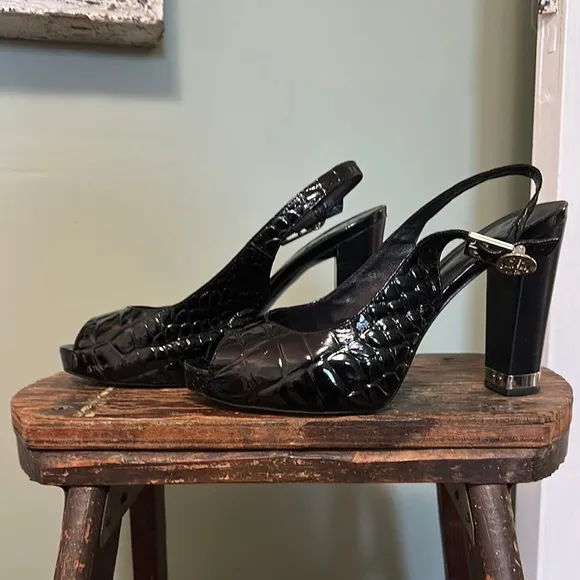 TORY BURCH Allison Croc-Patent Leather  Black Slingback Heels