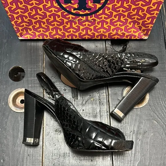 TORY BURCH Allison Croc-Patent Leather  Black Slingback Heels