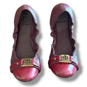 Tory Burch Ambrose Bordeaux Leather Gold Reva Women's Red Ballet Flats Size 9.5