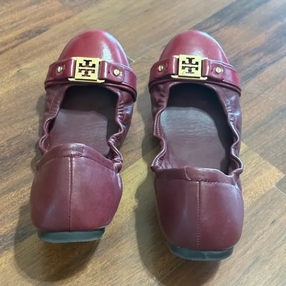 Tory Burch Ambrose Bordeaux Leather Gold Reva Women's Red Ballet Flats Size 9.5