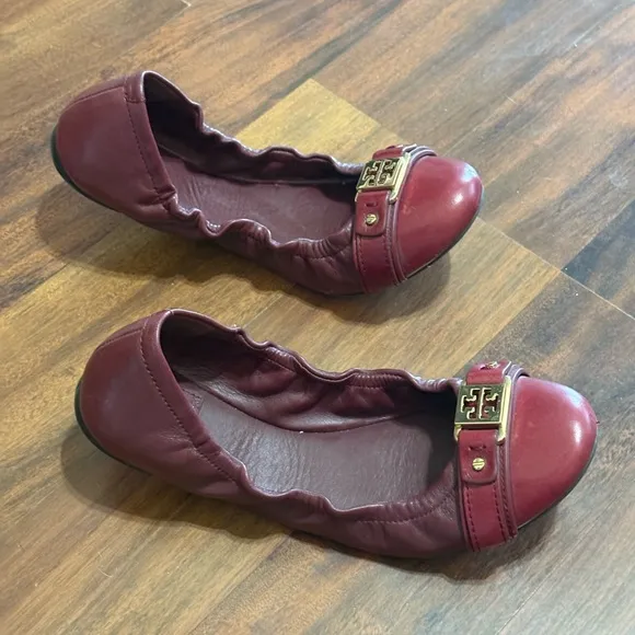 Tory Burch Ambrose Bordeaux Leather Gold Reva Women's Red Ballet Flats Size 9.5