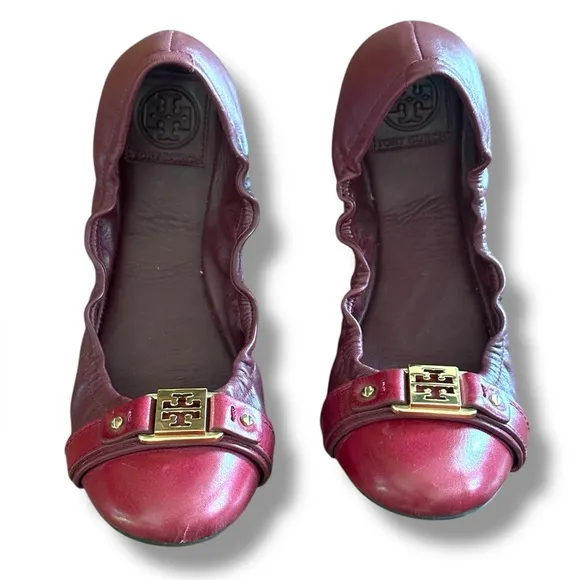 Tory Burch Ambrose Bordeaux Leather Gold Reva Women's Red Ballet Flats Size 9.5
