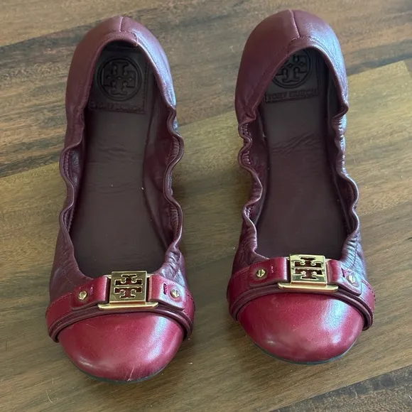 Tory Burch Ambrose Bordeaux Leather Gold Reva Women's Red Ballet Flats Size 9.5