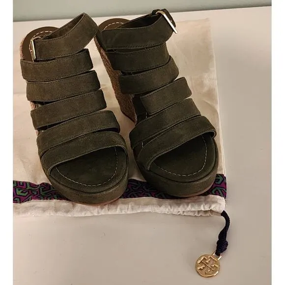 Tory Burch Bailey Suede Espadrille Platform Sandal Olive Green Size 7.5