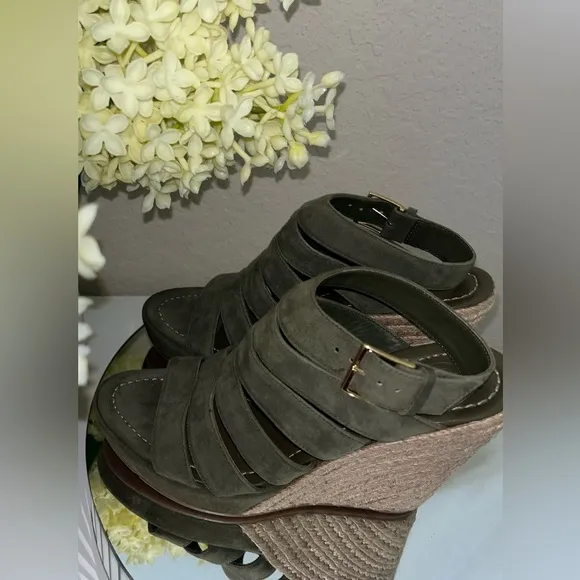 TORY BURCH Bailey Wedge Olive Green Espadrille Sandals