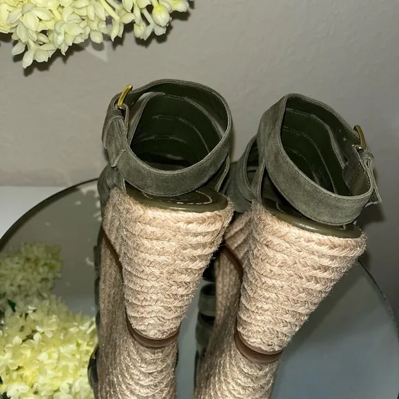 TORY BURCH Bailey Wedge Olive Green Espadrille Sandals