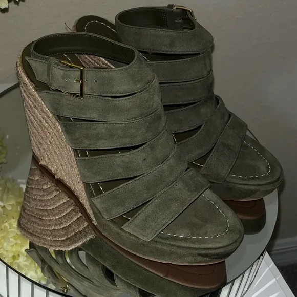 TORY BURCH Bailey Wedge Olive Green Espadrille Sandals