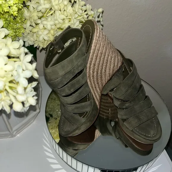 TORY BURCH Bailey Wedge Olive Green Espadrille Sandals