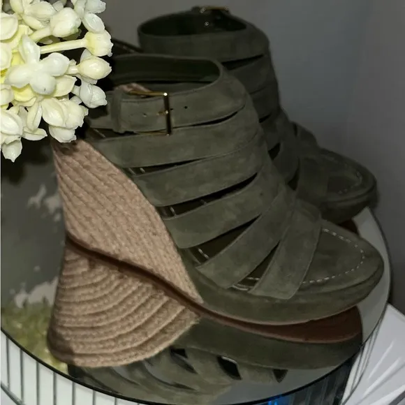 TORY BURCH Bailey Wedge Olive Green Espadrille Sandals