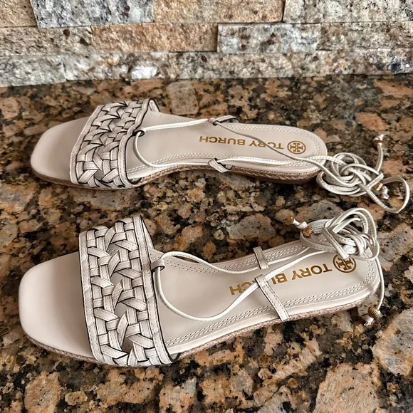 Tory Burch Basket Weave Espadrille Sandals White Cream