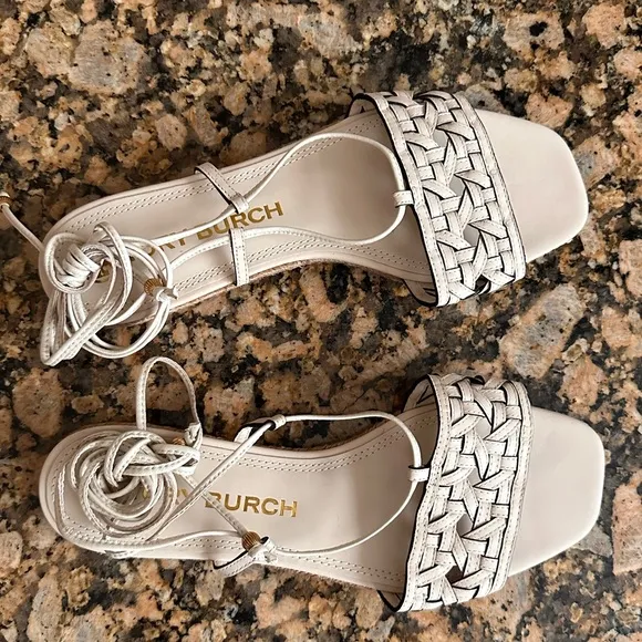 Tory Burch Basket Weave Espadrille Sandals White Cream