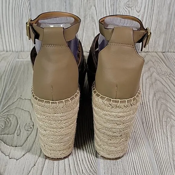 Tory Burch Basketweave Espadrille Wedge Leather Sandals Womens 10.5 NEW
