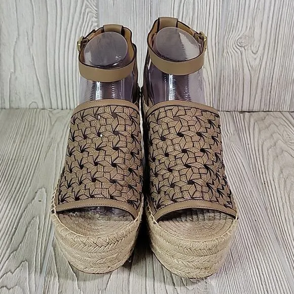 Tory Burch Basketweave Espadrille Wedge Leather Sandals Womens 10.5 NEW