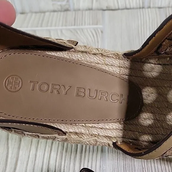 Tory Burch Basketweave Espadrille Wedge Leather Sandals Womens 10.5 NEW