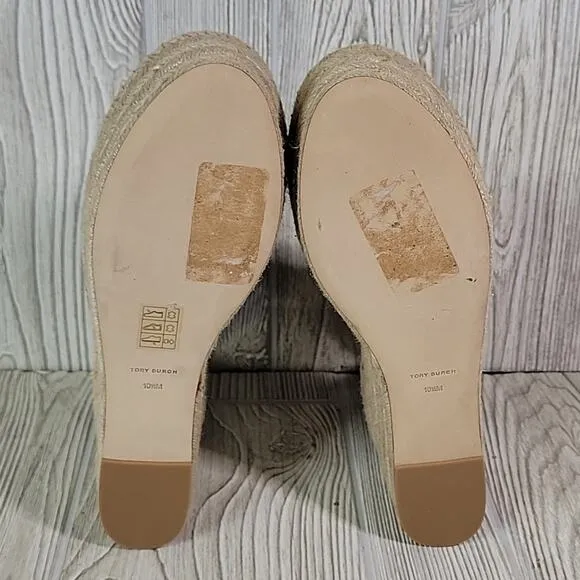 Tory Burch Basketweave Espadrille Wedge Leather Sandals Womens 10.5 NEW