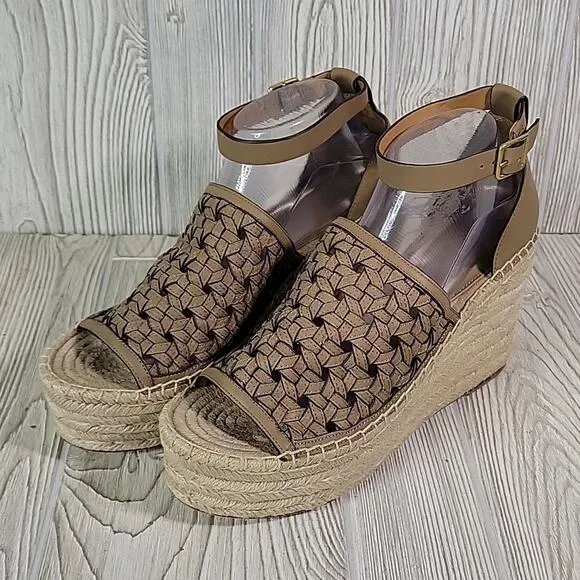 Tory Burch Basketweave Espadrille Wedge Leather Sandals Womens 10.5 NEW