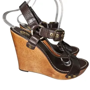 Tory Burch Beckett Dark Brown Leather Wedge Platform Sandals in 9
