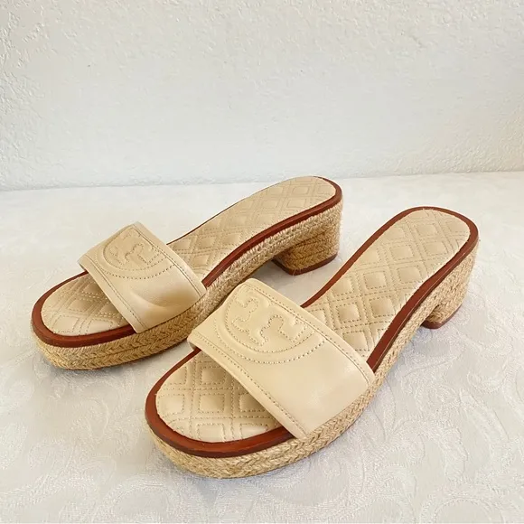 TORY BURCH beige logo Slide Espadrille Sandals