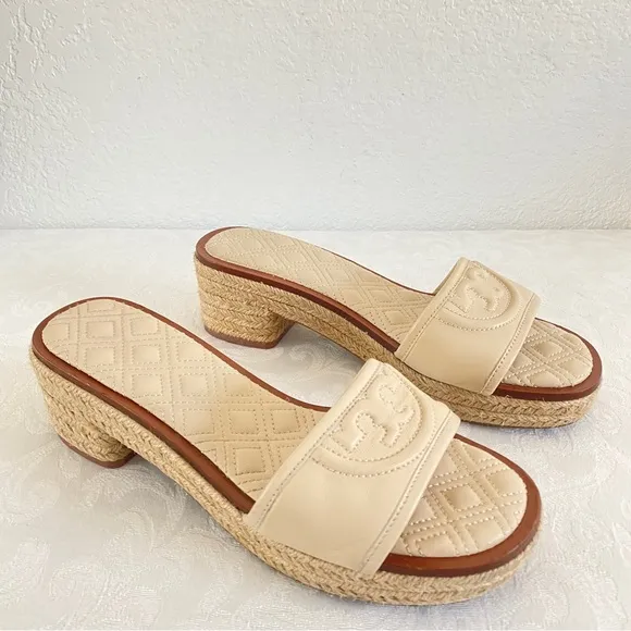 TORY BURCH beige logo Slide Espadrille Sandals