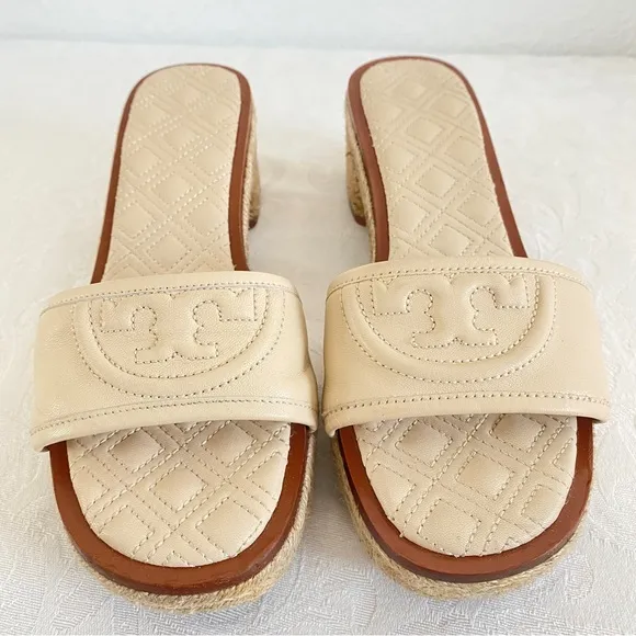 TORY BURCH beige logo Slide Espadrille Sandals