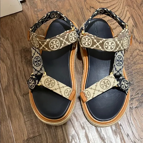 Tory Burch Black and Tan Platform Sandals