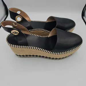 Tory Burch Black Espadrille Wedge Sandals Leather Jute Trim Size 10