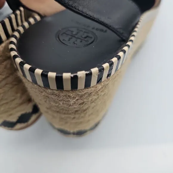 Tory Burch Black Espadrille Wedge Sandals Leather Jute Trim Size 10