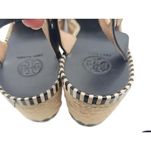 Tory Burch Black Espadrille Wedge Sandals Leather Jute Trim Size 10
