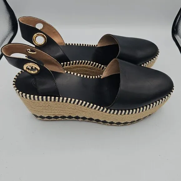 Tory Burch Black Espadrille Wedge Sandals Leather Jute Trim Size 10
