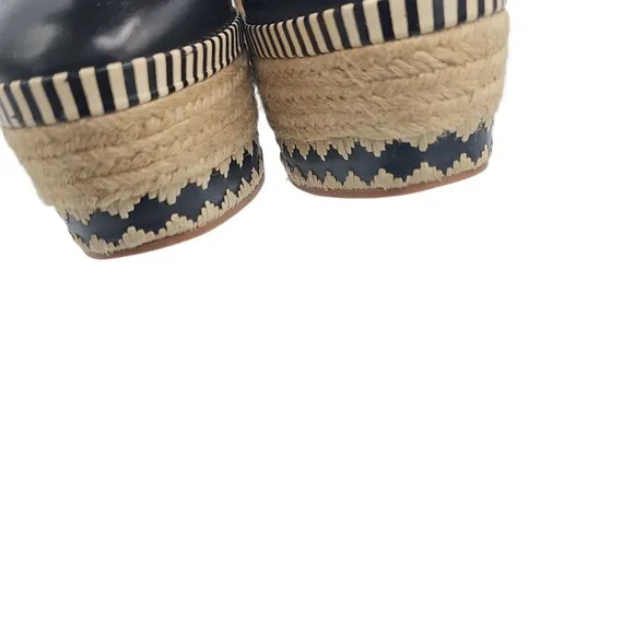 Tory Burch Black Espadrille Wedge Sandals Leather Jute Trim Size 10