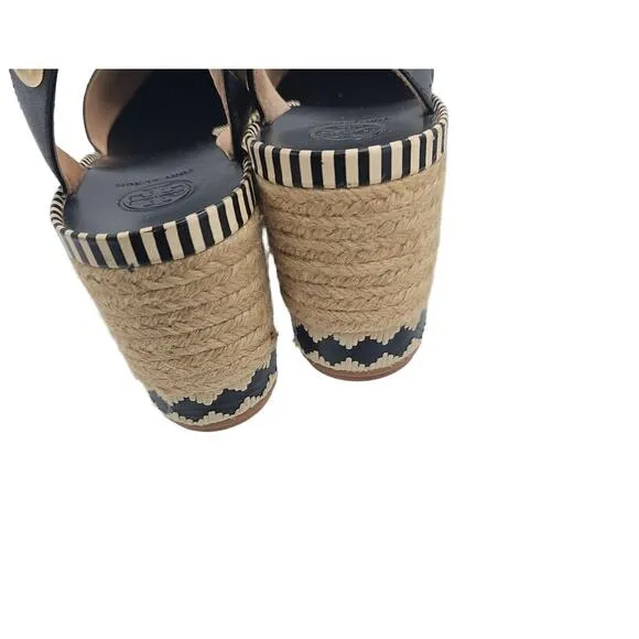 Tory Burch Black Espadrille Wedge Sandals Leather Jute Trim Size 10