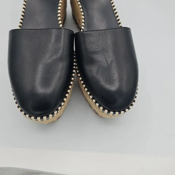 Tory Burch Black Espadrille Wedge Sandals Leather Jute Trim Size 10