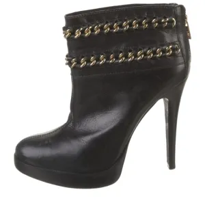 Tory Burch Black Leather Ankle Boots with Chain-Link Accents - Size 9