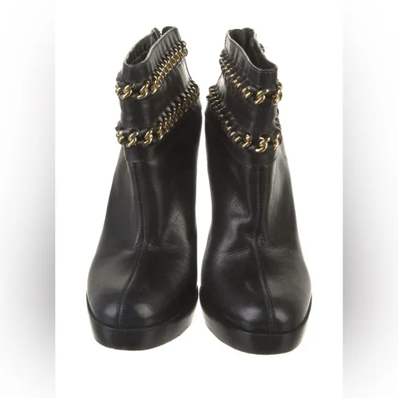 Tory Burch Black Leather Ankle Boots with Chain-Link Accents - Size 9