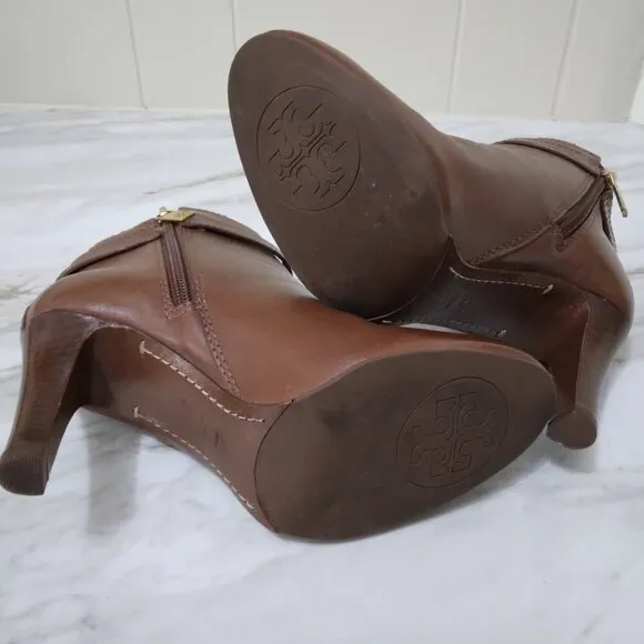 Tory Burch | Bristol Brown Leather Heeled Ankle Booties Boots | Size 5.5M