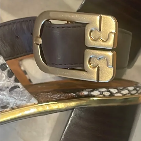 Tory Burch Brown and Black Snakeskin Chunky Heeled Sandals
