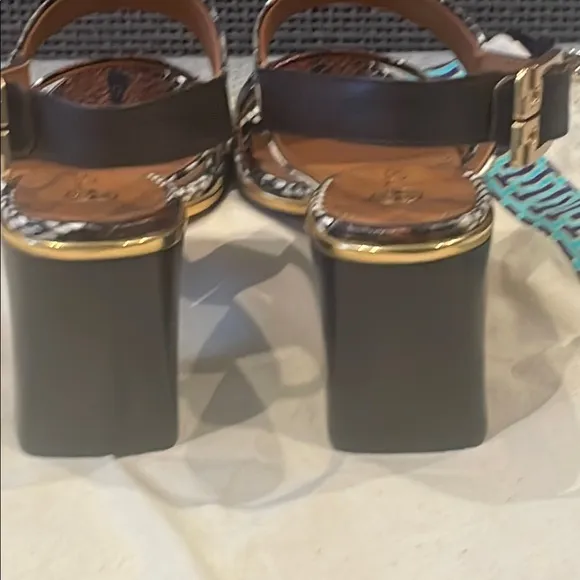 Tory Burch Brown and Black Snakeskin Chunky Heeled Sandals