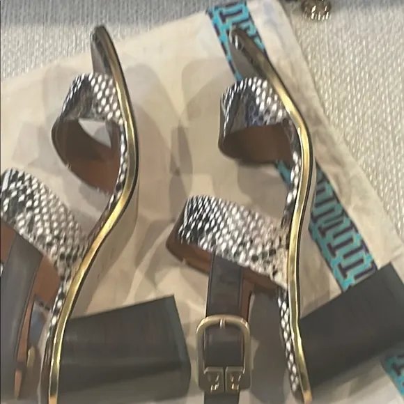 Tory Burch Brown and Black Snakeskin Chunky Heeled Sandals