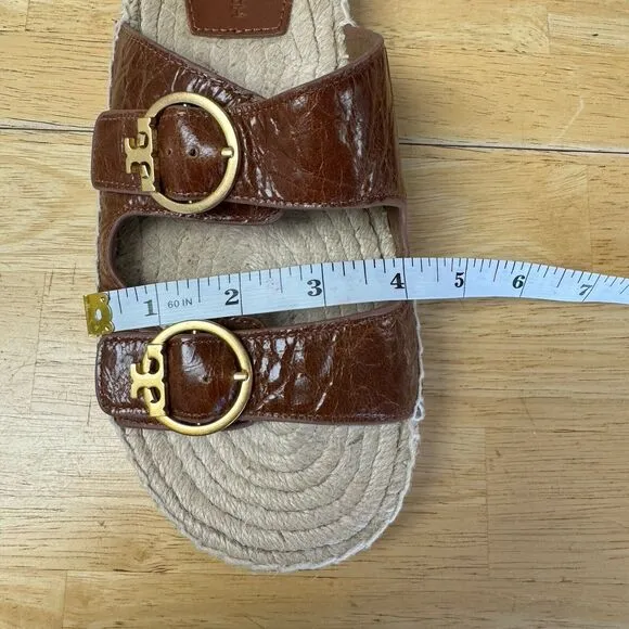 Tory Burch Brown Leather Selby Two-Band Buckle Espadrille Slides Sandals 9 EUC